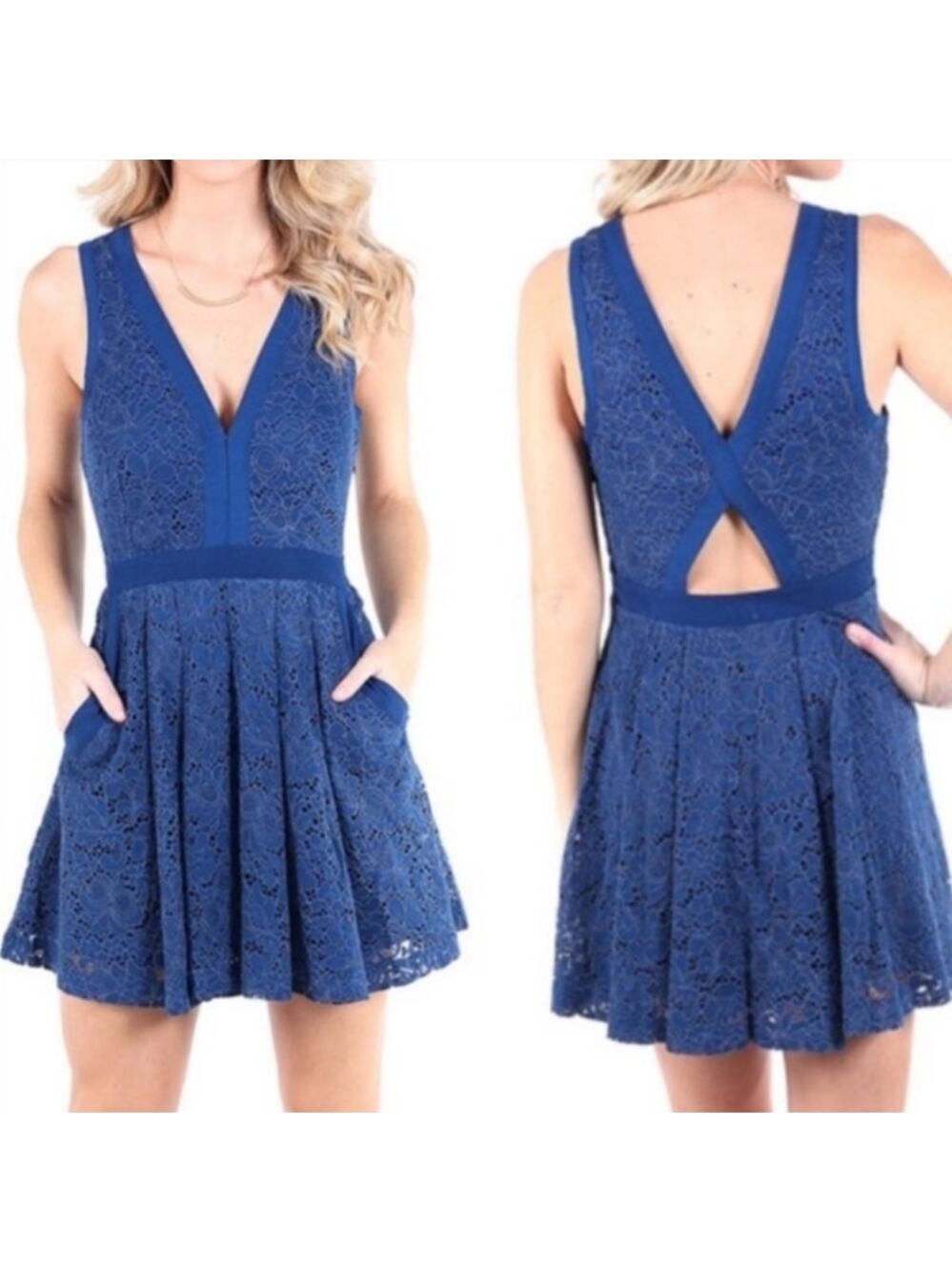 Free People Lovely in Lace Mini Dress Cut Out Back V Neck Blue Womens XS